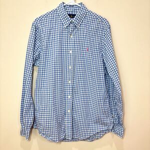 Ralph Lauren Blue Gingham Plaid Button Up Shirt Men M Pink Pony Embroidered